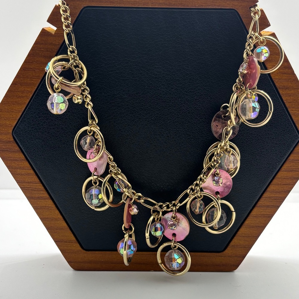 Cookie Lee Charm Necklace Womens Pink Gold Shell Iridescent Cluster Figaro